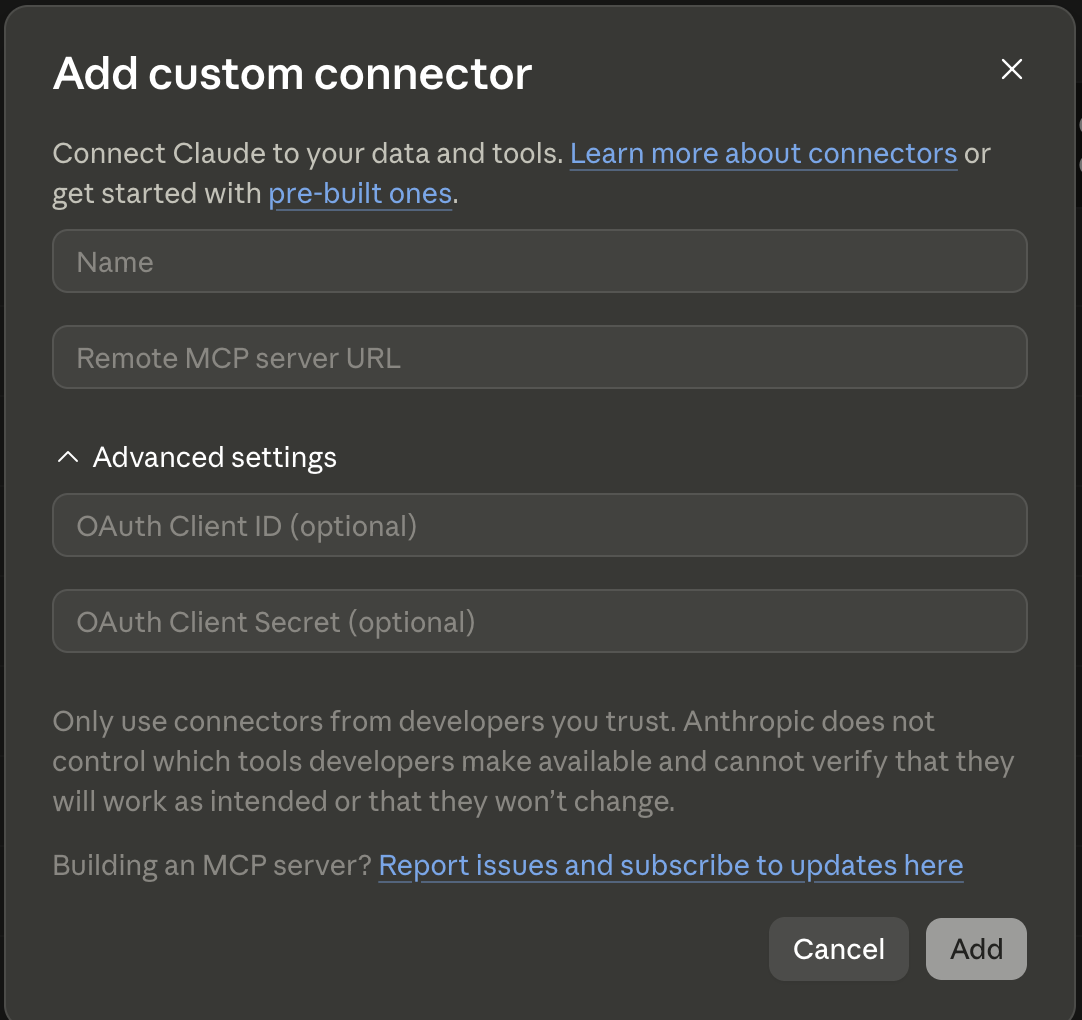 Claude's Add custom connector form with Name and Remote MCP server URL fields