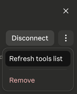 The connector's three-dots menu with Refresh tools list