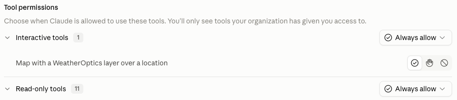 Tool permissions with Interactive tools and Read-only tools both set to Always allow